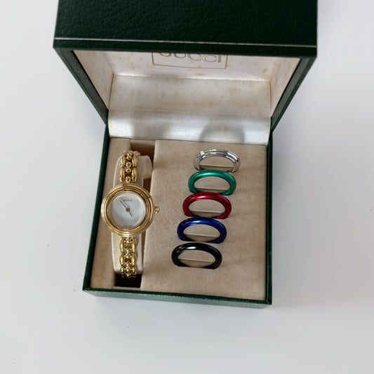Gucci 1990s Interchangeable Bezel Gold Plated Watch with 6 bezels, case (165mm)