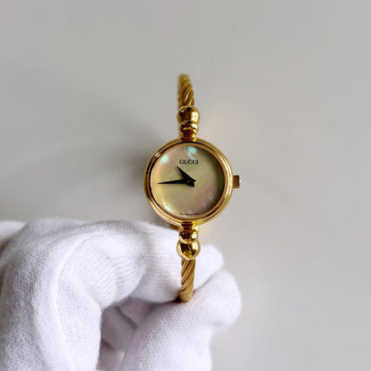 Gucci 1990s Seashell Dial Gold Plated Cable Band Bangle Watch
