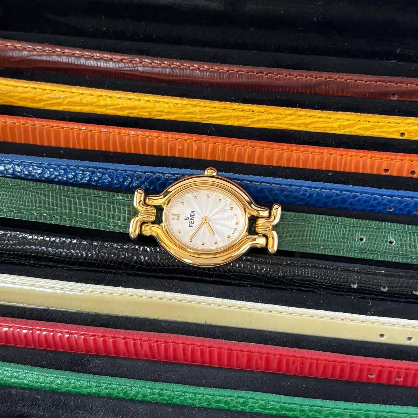 Fendi 1990s Interchangeable Belt Gold Plated Watch with 9 straps, case