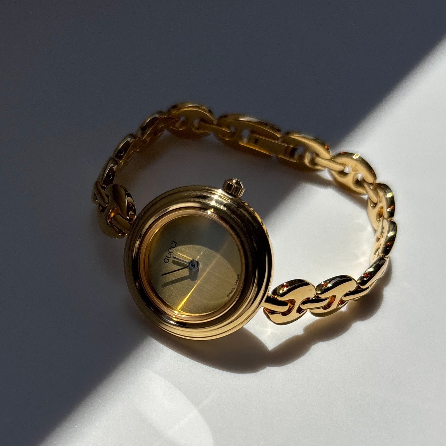 Gucci 1990s Interchangeable Bezel Gold Plated Rice Chain Watch with 6 bezels, case (170mm)