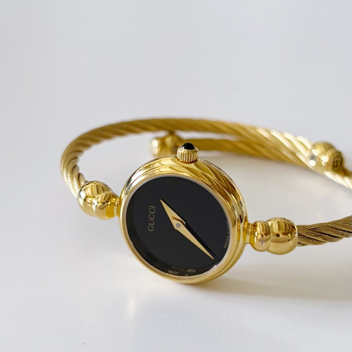 Gucci 1990s Black Dial Gold Plated Cable Bangle Watch