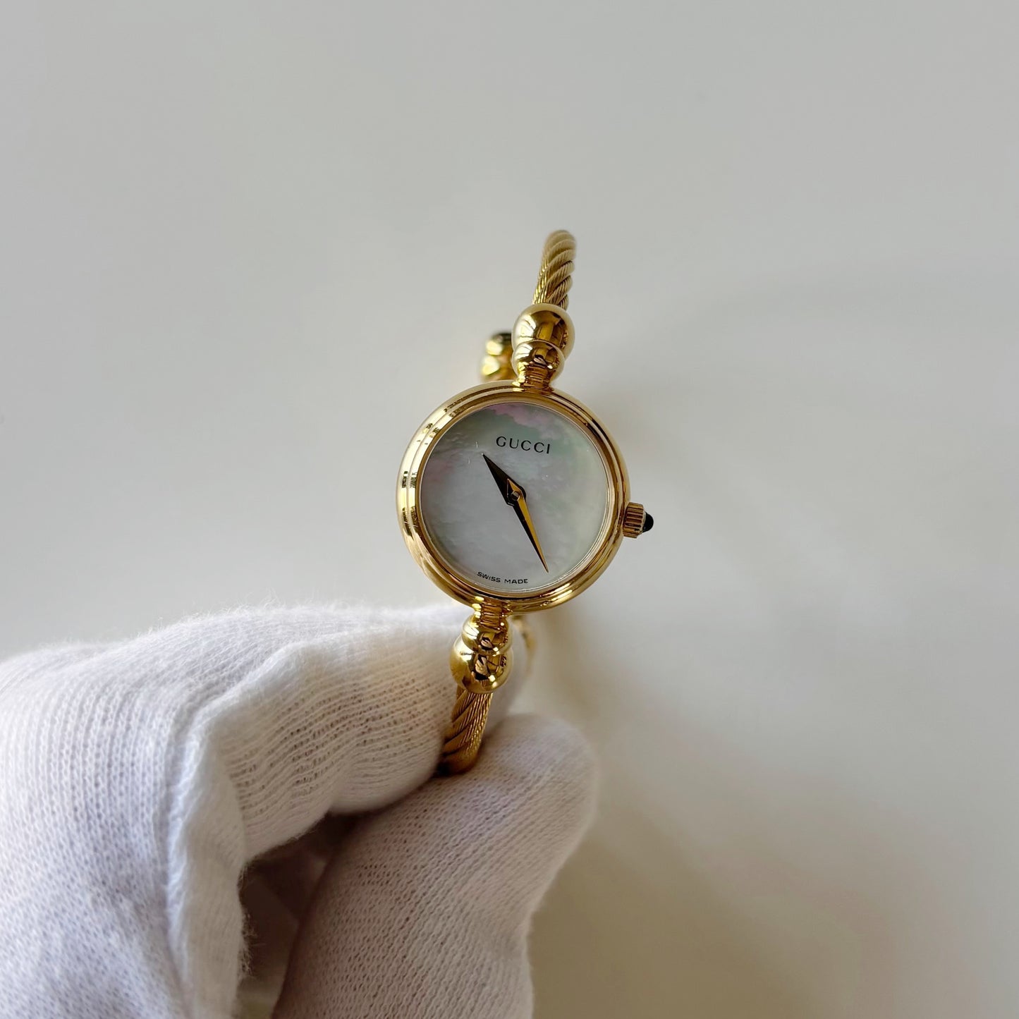 Gucci 1990s Seashell Dial Gold Plated Cable Bangle Watch
