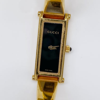 Gucci 1990s Black Dial Gold Plated Rectangular Bangle Watch