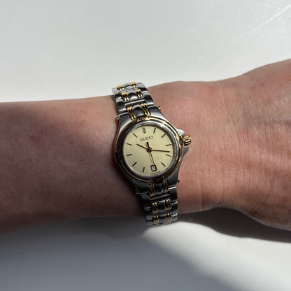 Gucci 1990s Date Round Dial Two Tone Gold Plated Watch