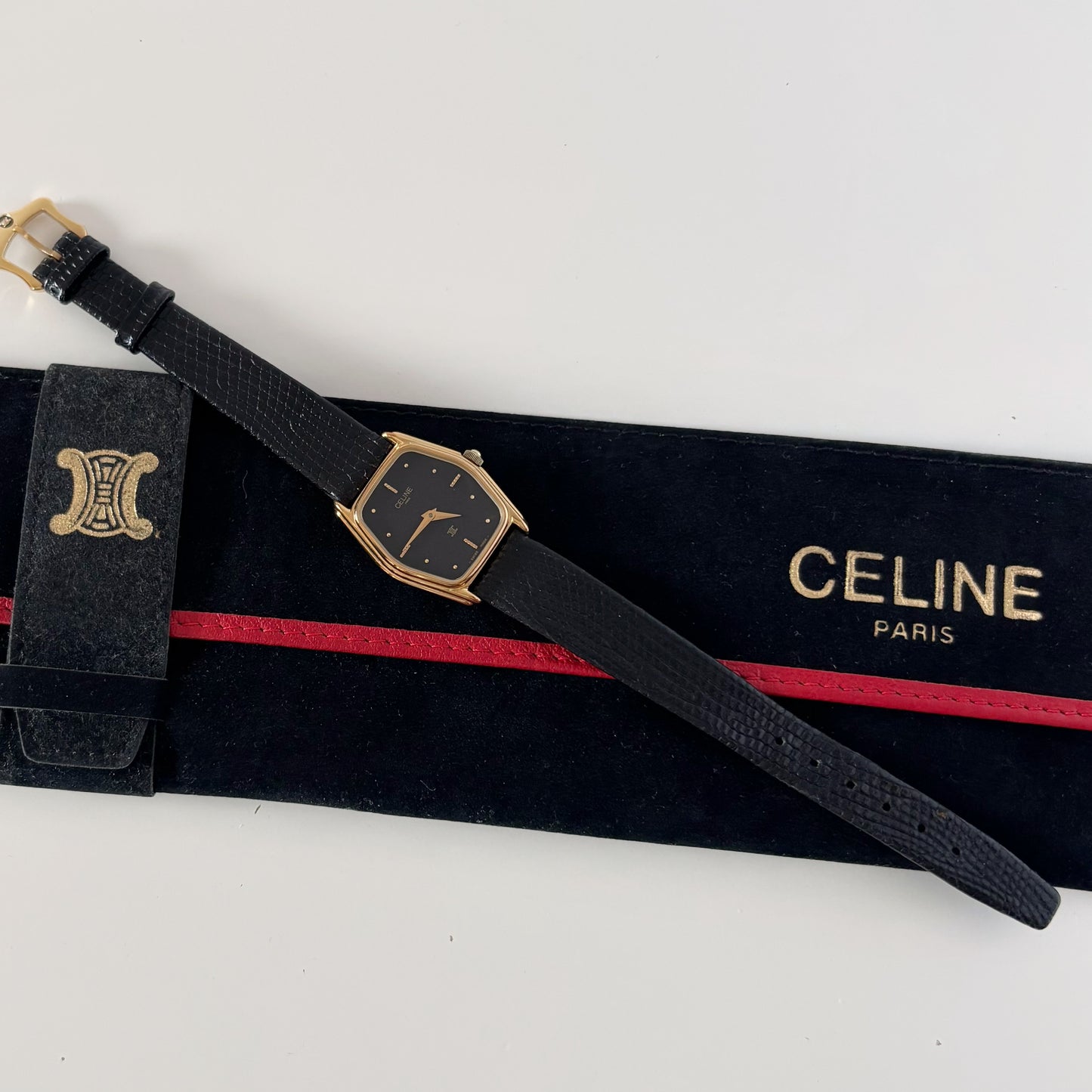 Celine 1980s Black Dial Gold Plated Watch