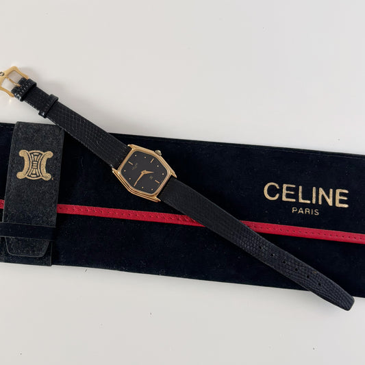 Celine 1980s Black Dial Gold Plated Watch