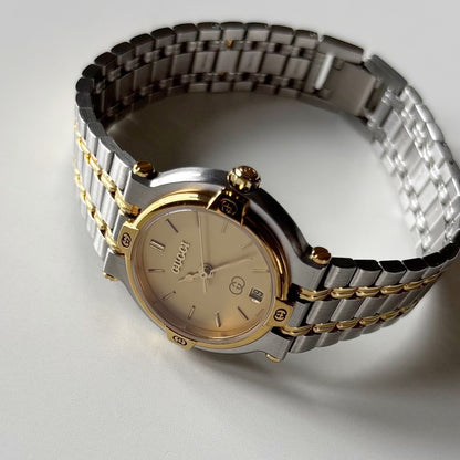 Gucci 1990s Round Dial Gold Plated Two Tone Watch