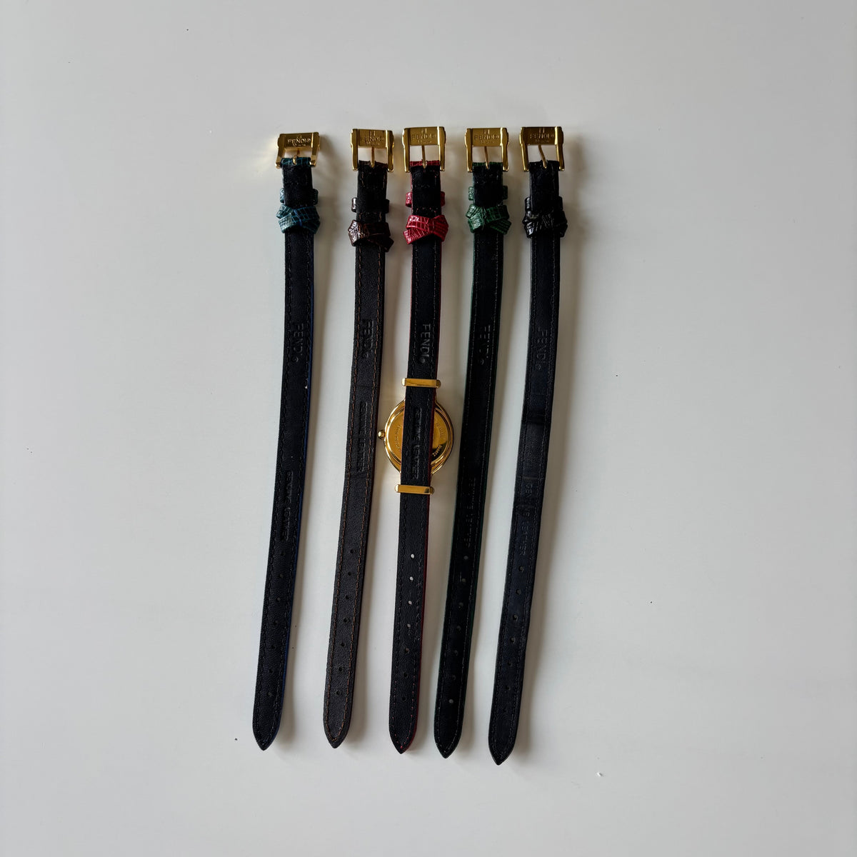 Fendi 1990s Interchangeable Strap Gold Plated Watch with 5 straps, case