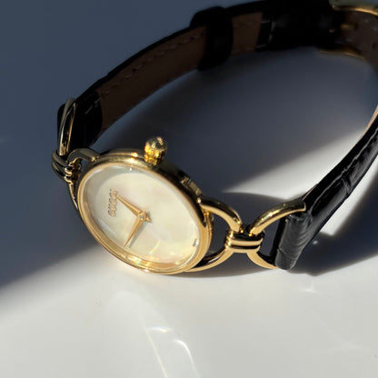 Gucci 1990s Seashell Dial Gold Plate Horsebit Watch