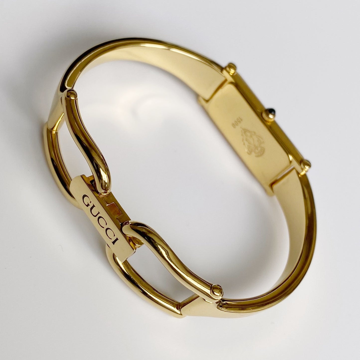 Gucci 1990s Seashell Dial Rectangular Gold Plated Bangle Watch