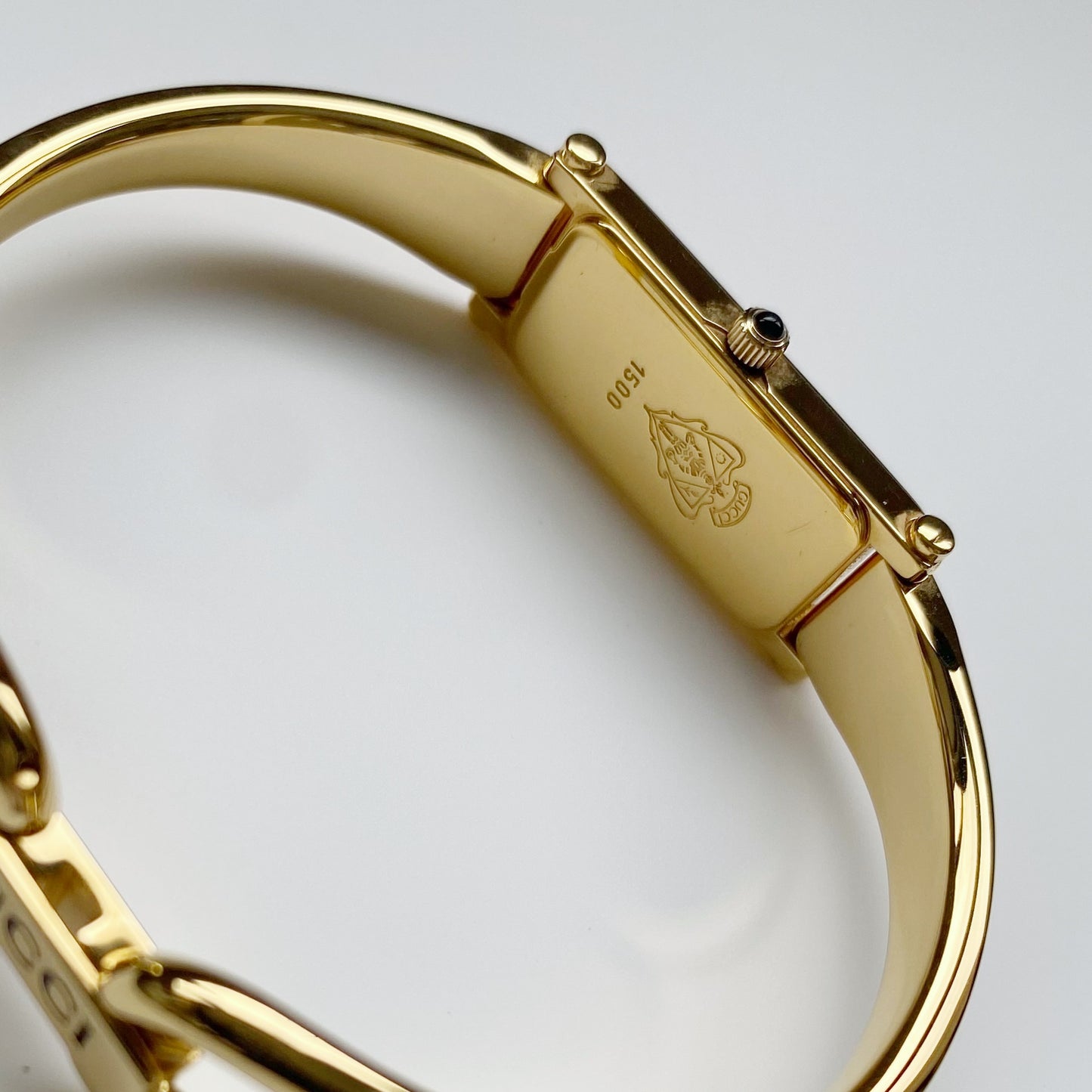 Gucci 1990s Gold Dial Gold Plated Rectangular Bangle Watch