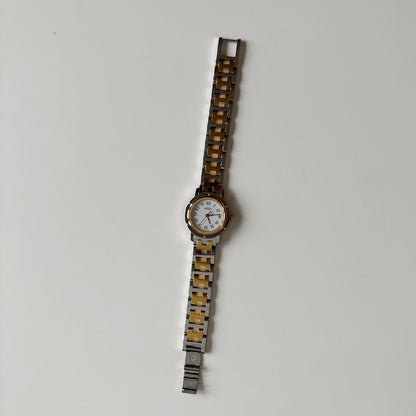 Hermes Early 2000s Clipper White Round Dial Two Tone Watch
