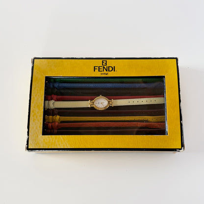Fendi 1990s Interchangeable Strap Gold-Plated Watch with 9 Straps and Case