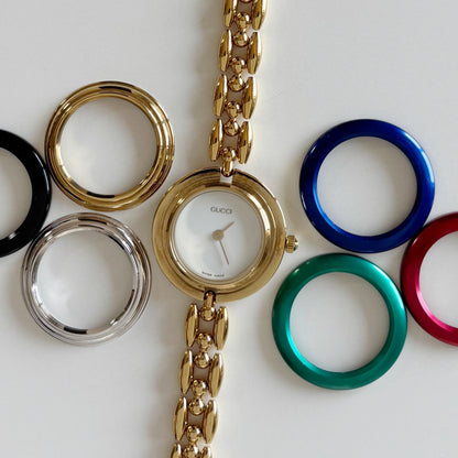 Gucci 1990s Interchangeable Bezel Gold Plated Rice Chain Watch with 6 bezels, case (175mm)