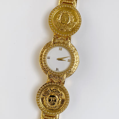 Gianni Versace 1990s Signature 18K Gold Plated Coin Watch