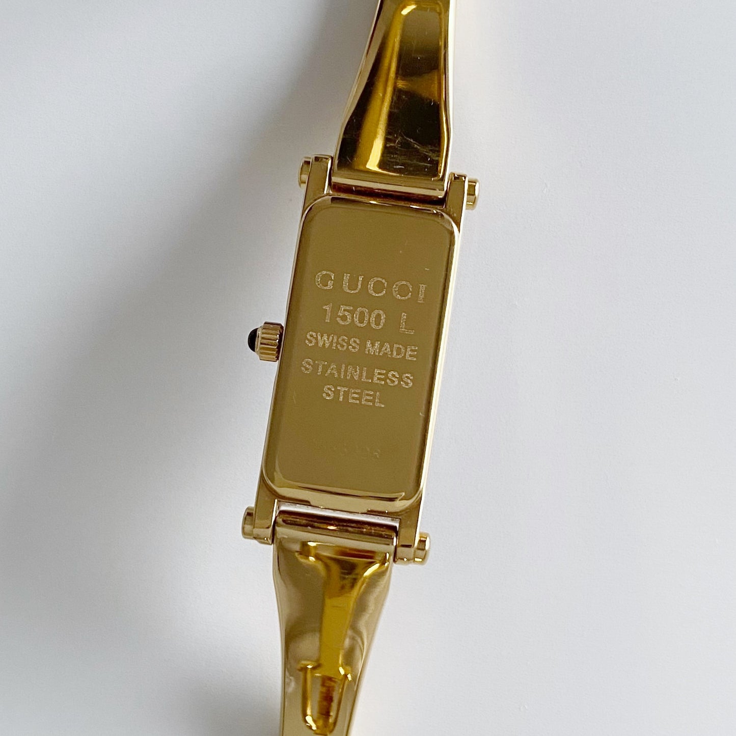 Gucci 1990s Seashell Dial Rectangular Gold Plated Bangle Watch