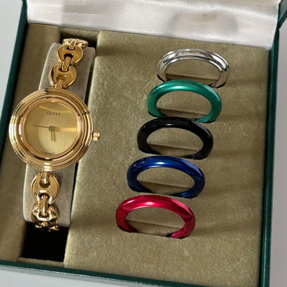 Gucci 1990s Interchangeable Bezel Gold Plated Rice Chain Watch with 6 bezels, case (170mm)