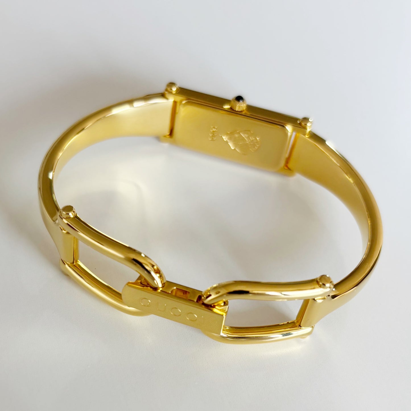 Gucci 1990s Seashell Dial Rectangular Gold Plated Bangle Watch