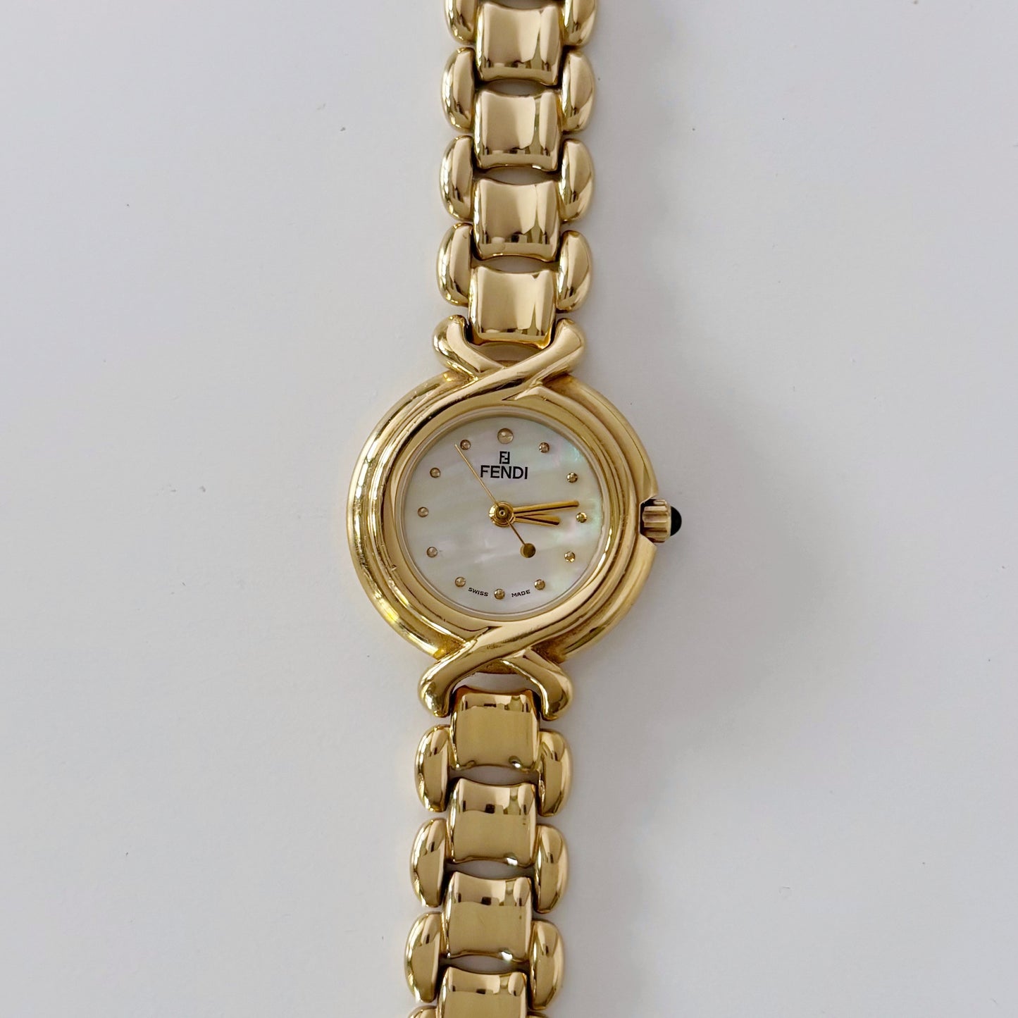 Fendi 1990s Seashell Dial Round Gold Plated Watch