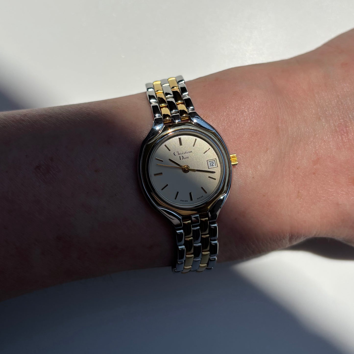 Dior 1990s Date Round Dial Two Tone Gold Plated Watch
