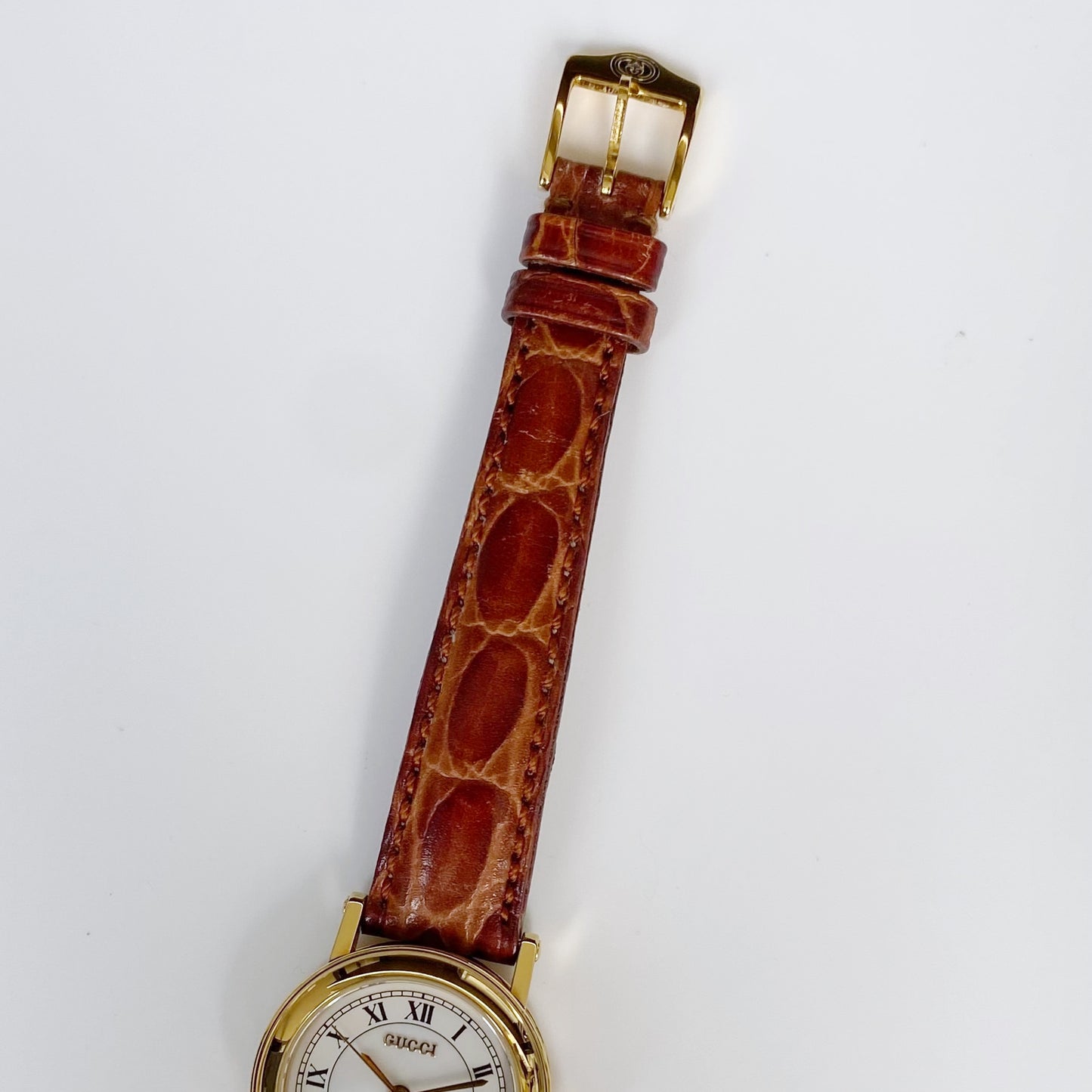 Gucci 1990s Date Gold Plated Round Leather Strap Watch