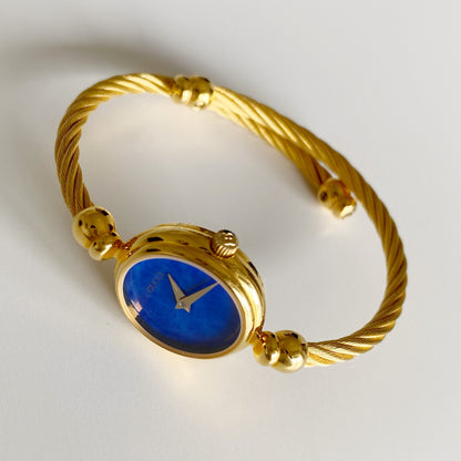 Gucci 1990s Blue Dial Gold Plated Cable Bangle Watch