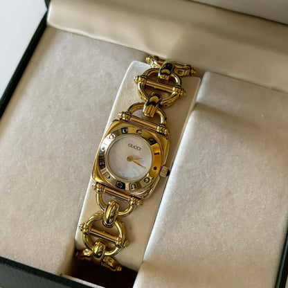 Gucci 1990s Seashell Dial Gold Plated Horsebit Watch