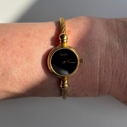 Gucci 1990s Black Dial Gold Plated Cable Bangle Watch