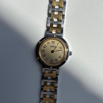 Hermes 1990s Cream Round Dial Gold Plated Two Tone Watch