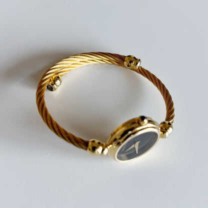 Gucci 1990s Black Dial Gold Plated Cable Band Bangle Watch
