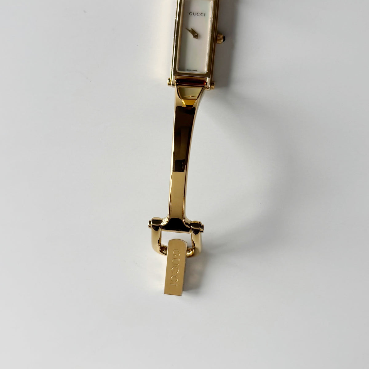 Gucci 1990s Seashell Dial Rectangular Gold-Plated Bangle Watch