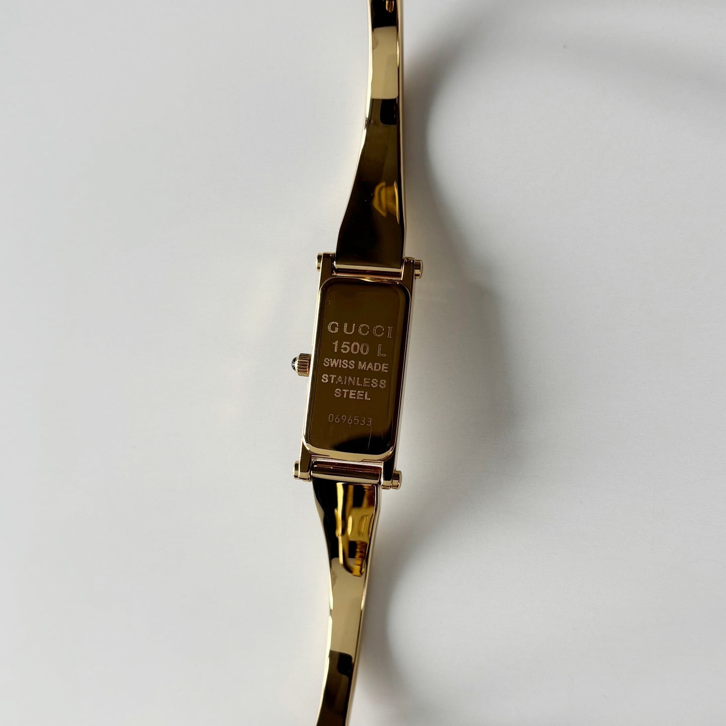 Gucci 1990s Gold Rectangular Dial Gold Plated Bangle Watch (Small)