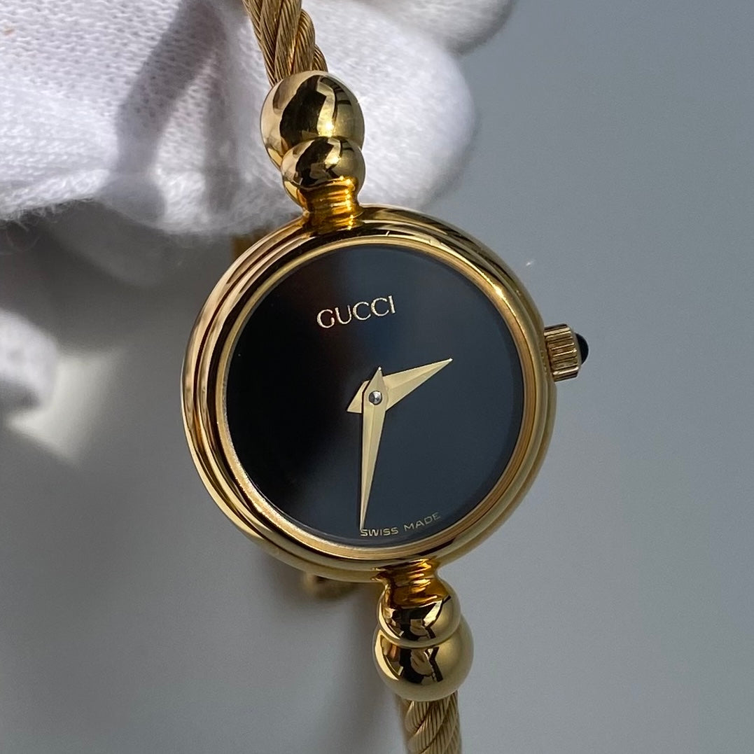 Gucci 1990s Black Dial Gold Plated Cable Bangle Watch