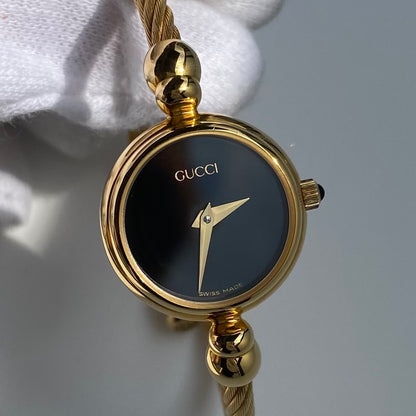 Gucci 1990s Black Dial Gold Plated Cable Bangle Watch
