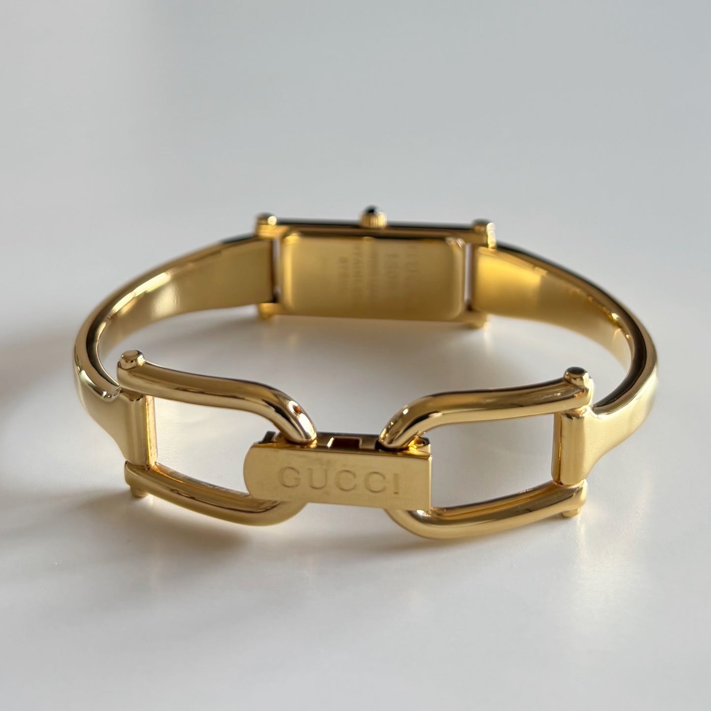 Gucci 1990s Seashell Dial Rectangular Gold Plated Bangle Watch