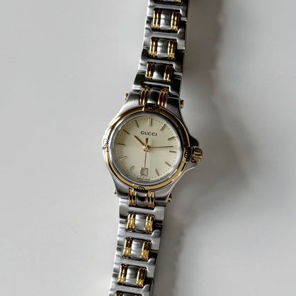 Gucci 1990s Date Round Dial Two Tone Gold Plated Watch
