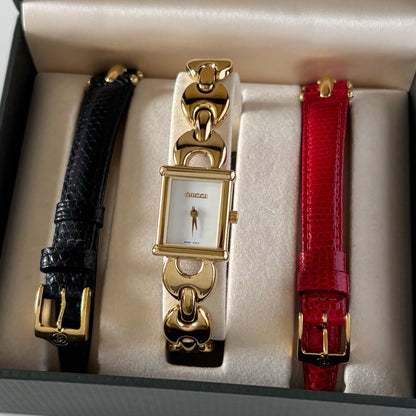 Gucci 1990s Interchangeable Strap Gold Plated Watch with 3 straps, case