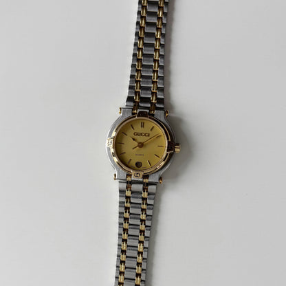 Gucci 1990s Date Round Dial Gold Plated Two Tone Watch