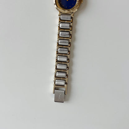 Yves Saint Laurent 1990s Navy Round Dial Two Tone Gold Plated Watch