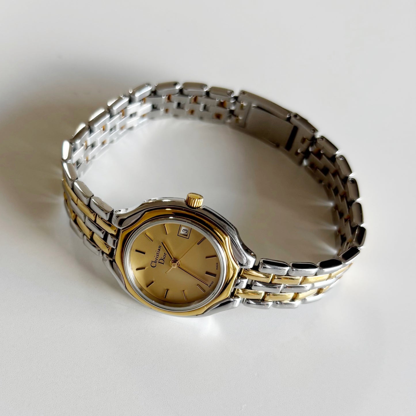 Dior 1990s Date Round Dial Two Tone Gold Plated Watch