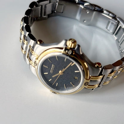 Gucci 1990s Date Round Black Dial Two Tone Gold Plated Watch