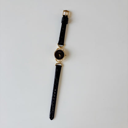 Gucci 1990s Black Round Dial Horsebit Gold Plated Watch