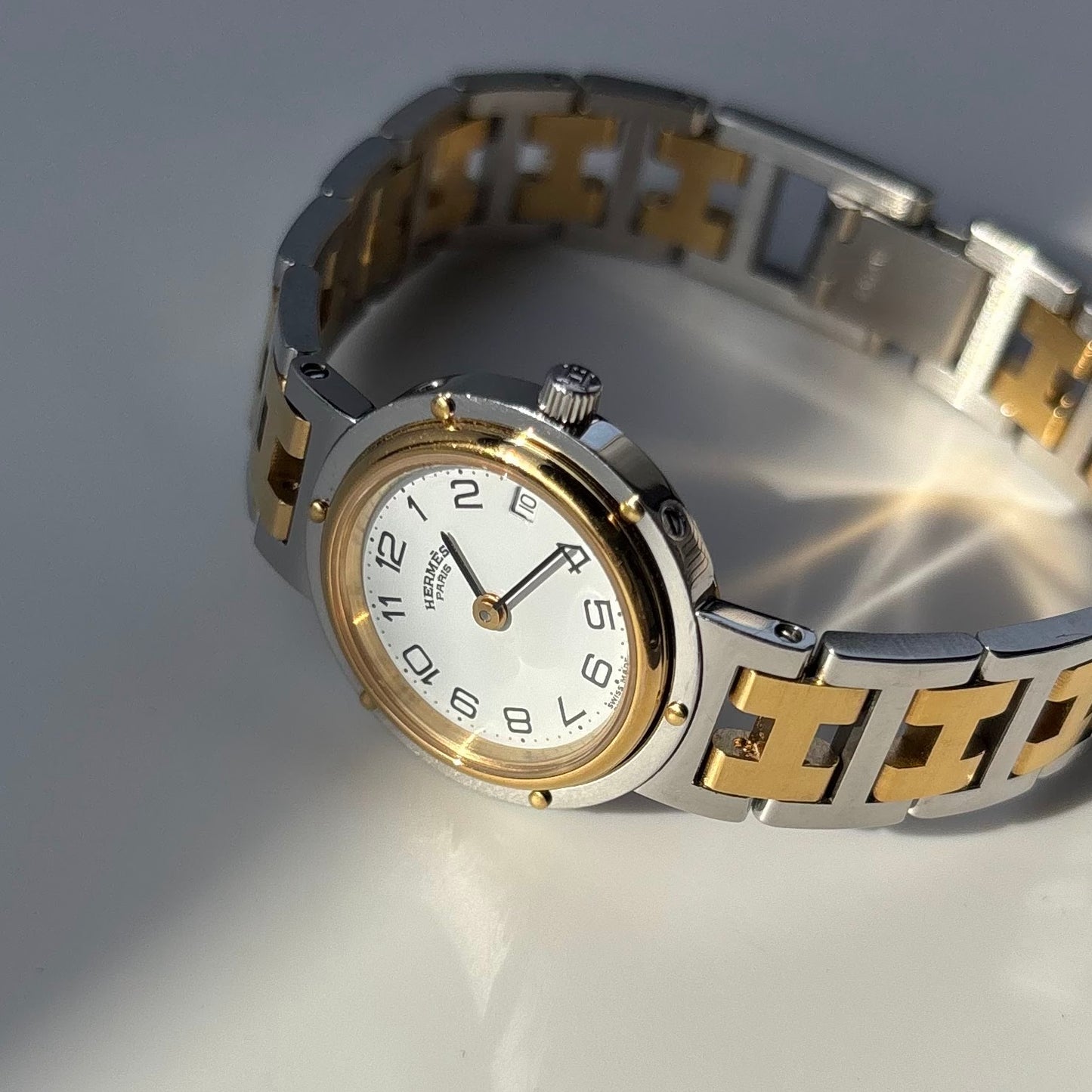 Hermes 1990s Clipper Date Round Dial Two Tone Watch