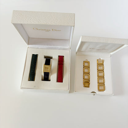Dior 1990s Interchangeable Strap Gold Plated Watch with 4 straps, case