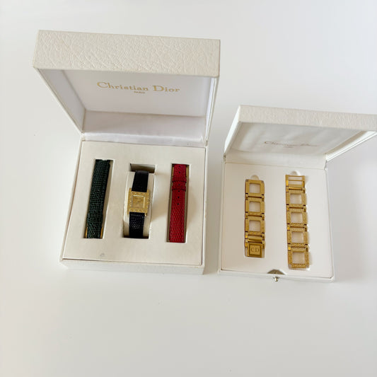 Dior 1990s Interchangeable Strap Gold Plated Watch with 4 straps, case