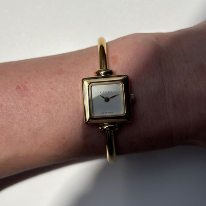 Gucci 1990s Square Dial Gold Plated Bangle Watch