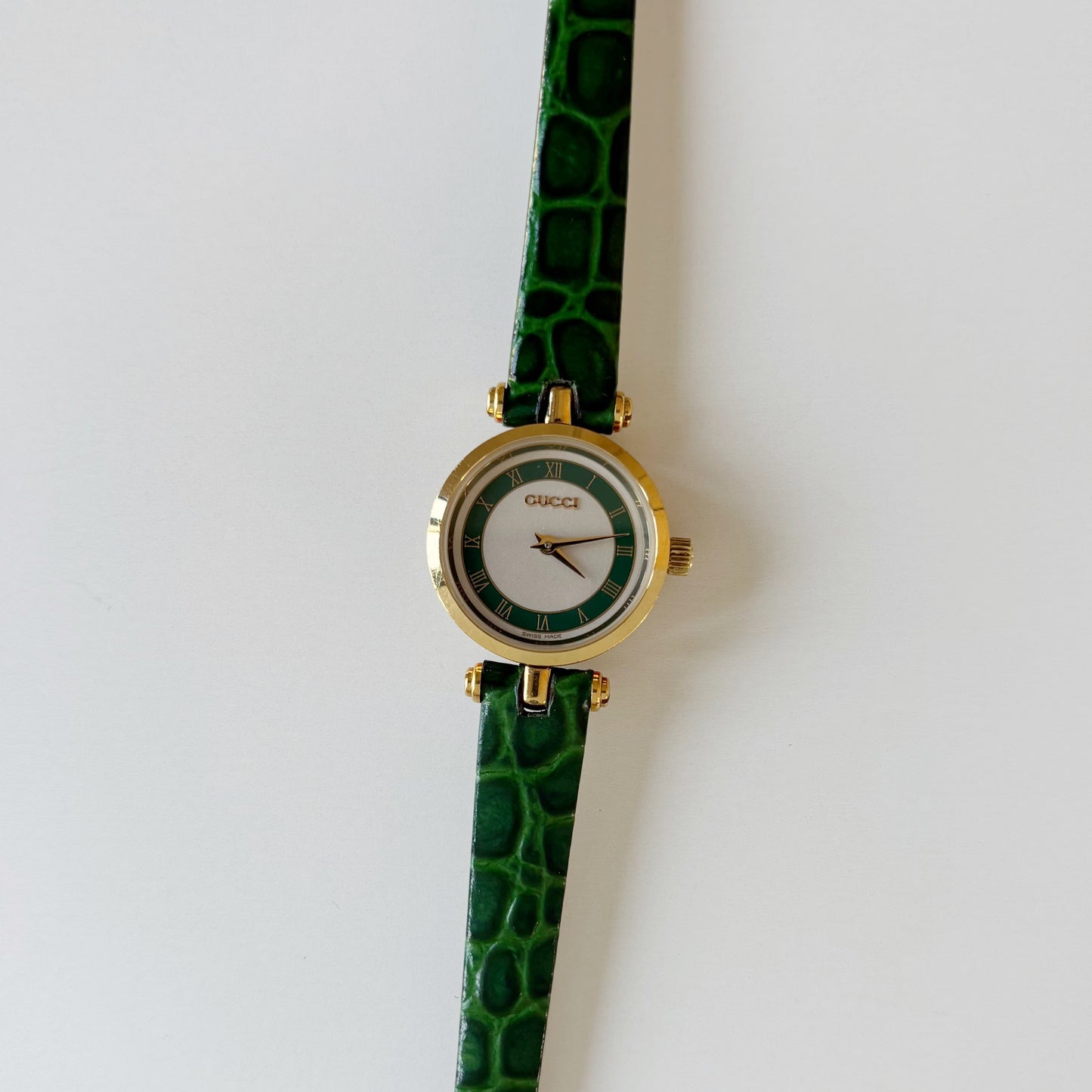 Gucci 1990s Green Round Dial Gold Plated Watch