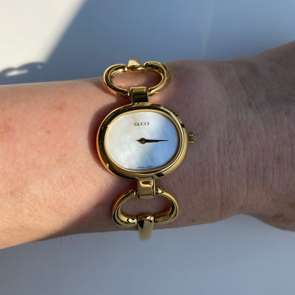 Gucci 1990s Seashell Dial Gold Plated Bangle Watch