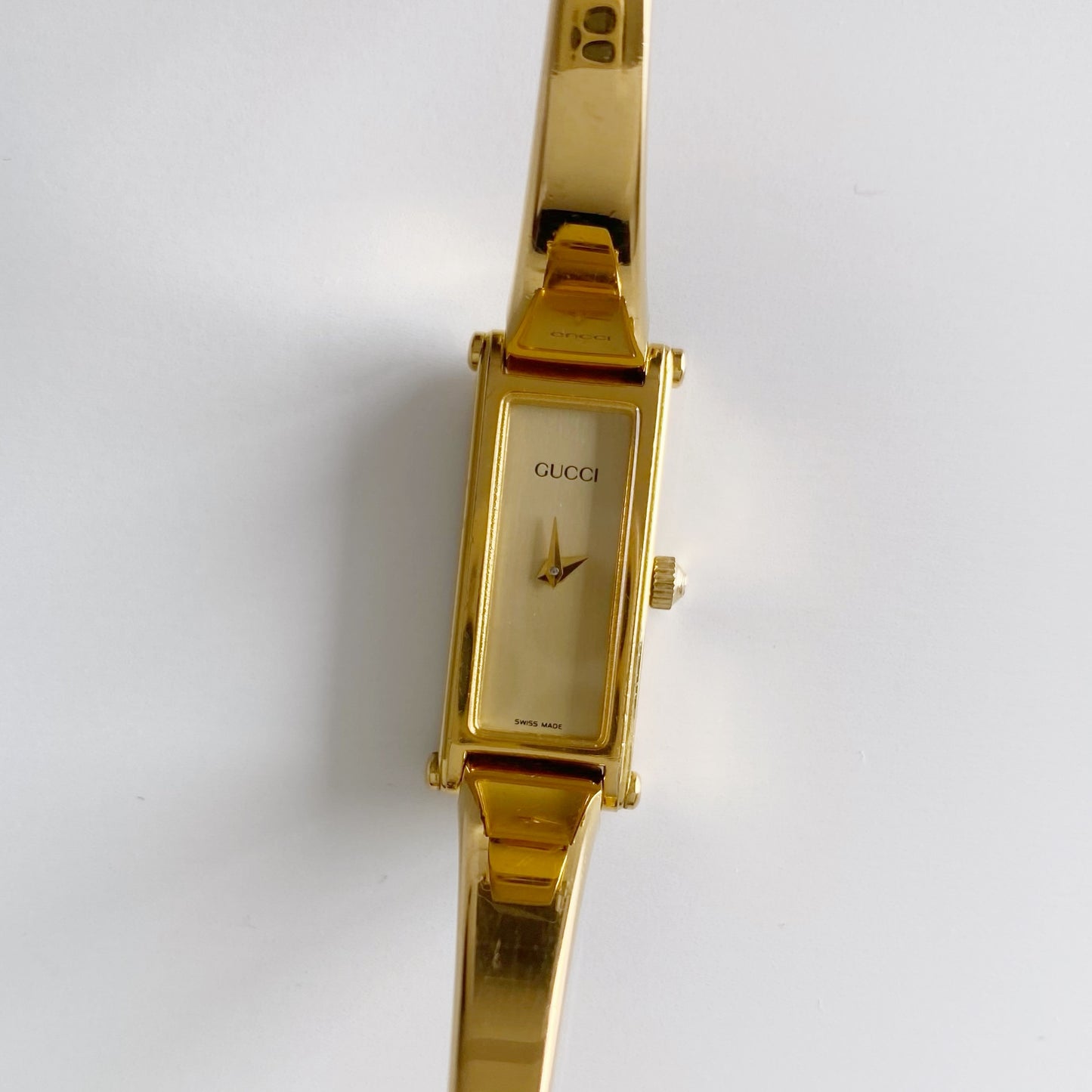 Gucci 1990s Gold Dial Rectangular  Gold Plated Bangle Watch