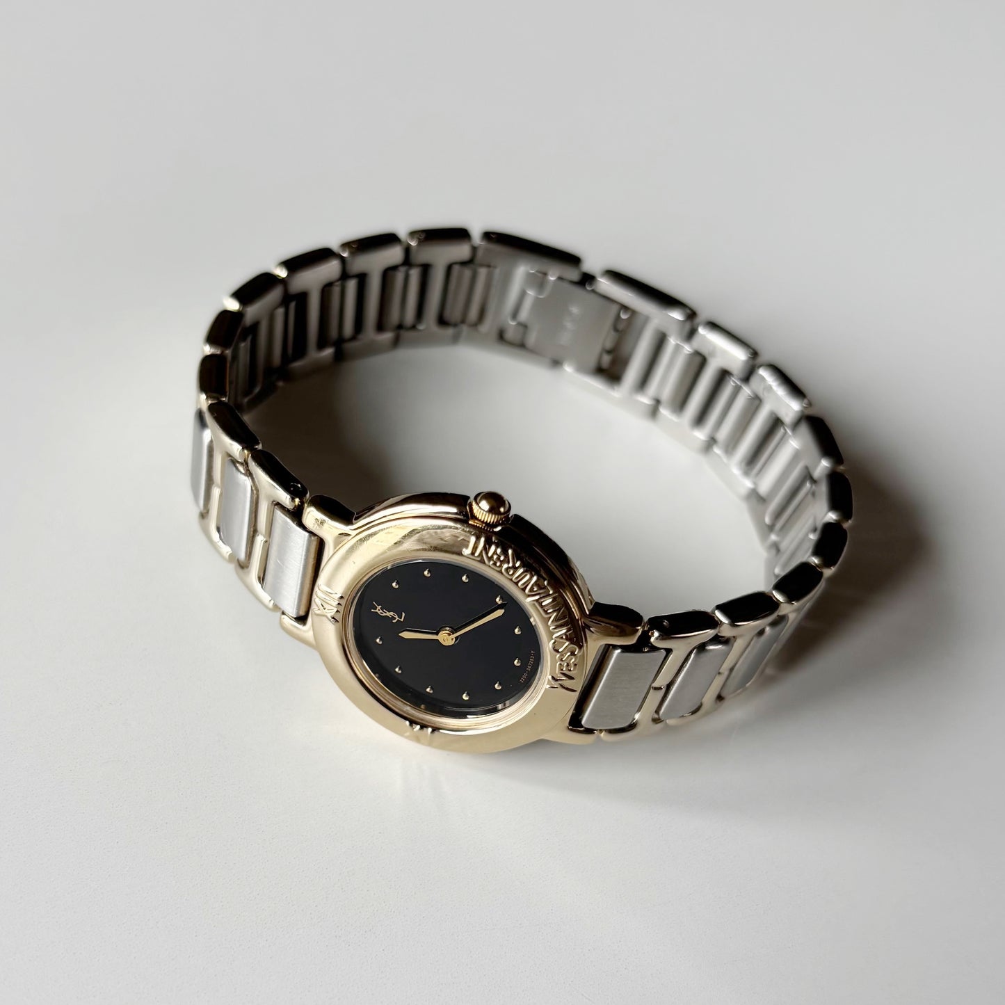 Yves Saint Laurent 1990s Black Round Dial Two Tone Watch